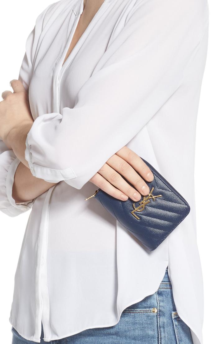 Women's Saint Laurent Monogramme Compact Quilted Zip Around Wallet - Blue