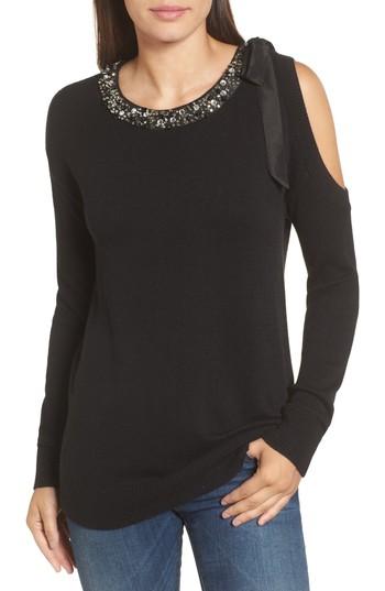 Women's Halogen Embellished Cold Shoulder Sweater - Black