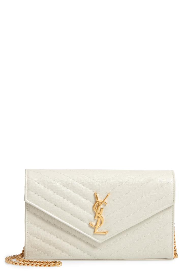 Women's Saint Laurent Large Monogram Quilted Leather Wallet On A Chain - Ivory