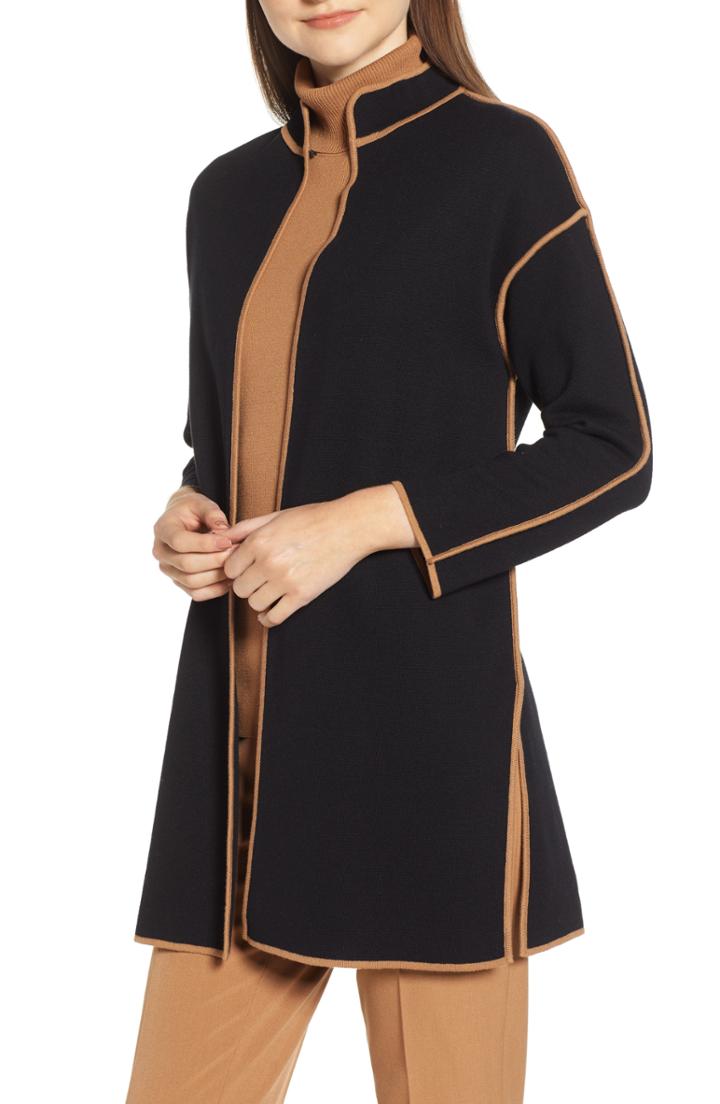 Women's Anne Klein Piped Detail Nehru Sweater Coat, Size - Black