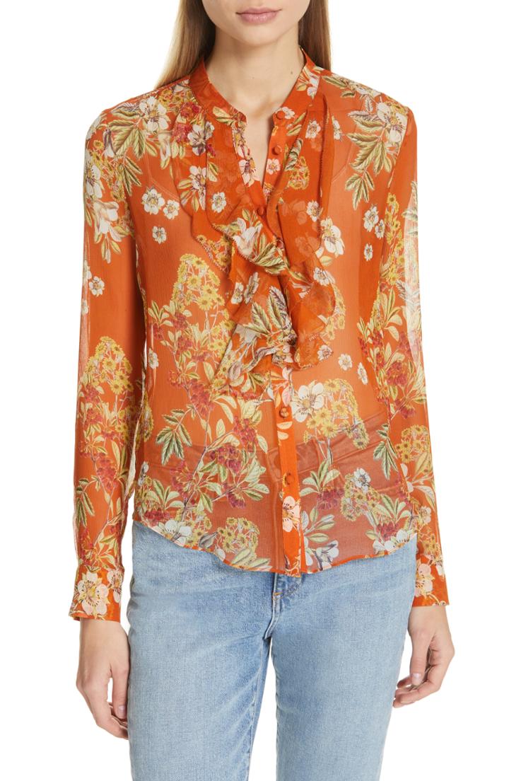 Women's Nicholas Floral Print Ruffle Neck Silk Shirt - Orange