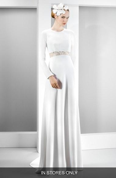 Women's Jesus Peiro Illusion Lace Inset Long Sleeve Crepe Gown