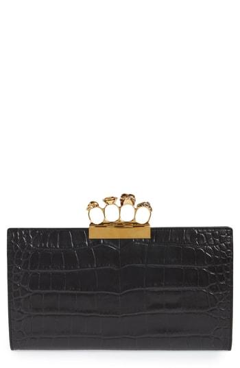 Alexander Mcqueen Croc Embossed Leather Knuckle Clutch - Black