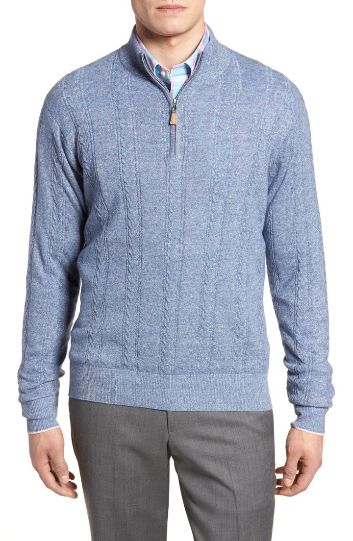 Men's Peter Millar Crown Fleece Cashmere & Linen Quarter Zip Sweater, Size - Blue