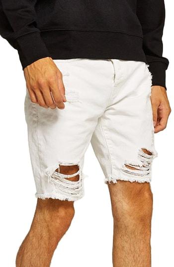 Men's Topman Slim Fit Shredded Jean Shorts - White