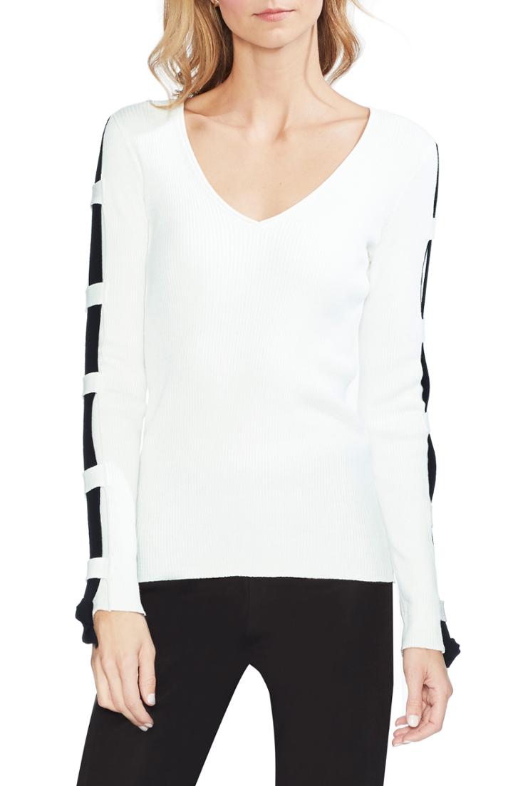 Women's Vince Camuto Contrast Sleeve Ribbed Sweater, Size - Ivory
