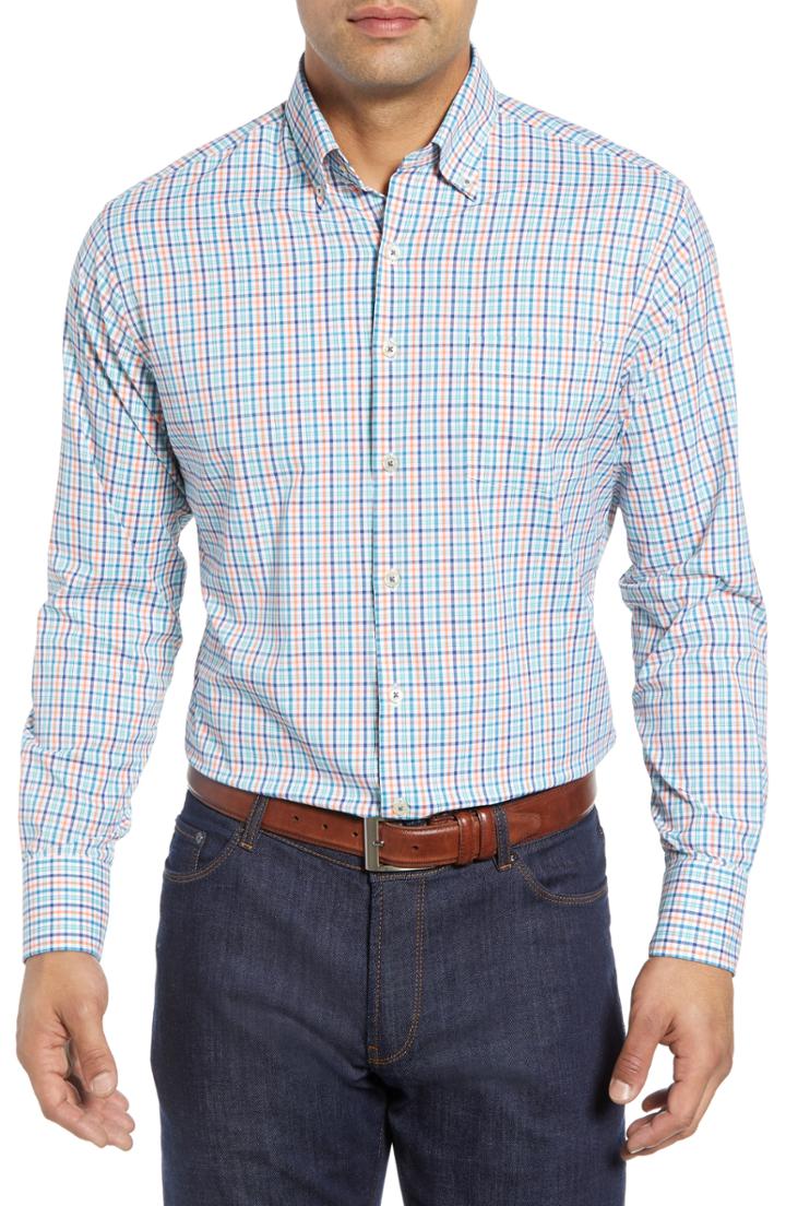Men's Peter Millar Lawson Regular Fit Tattersall Check Performance Sport Shirt, Size - Blue