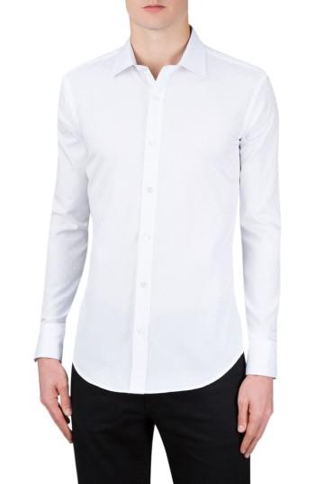 Men's Bugatchi Shaped Fit Checker Print Sport Shirt, Size - White