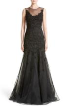 Women's Carmen Marc Valvo Couture Floral Applique Trumpet Gown - Black