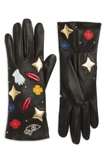 Women's Agnelle Funny Patches Lambskin Leather Gloves - Black