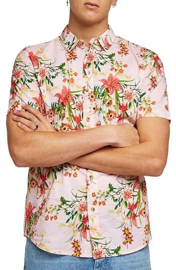 Men's Topman Classic Fit Floral Woven Shirt - Pink