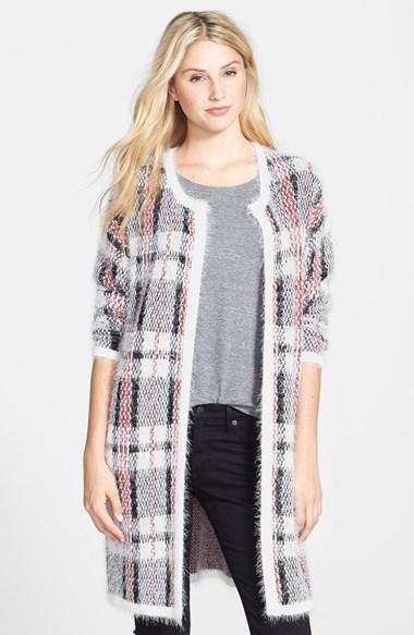 Pleione Plaid Eyelash Yarn Open Front Cardigan (regular &