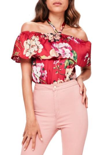 Women's Missguided Ruffle Off The Shoulder Bodysuit Us / 6 Uk - Red