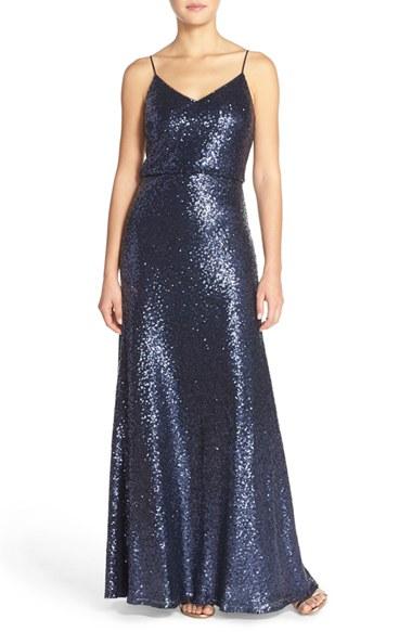 Women's Jenny Yoo 'jules' Sequin Blouson Gown With Detachable Back Cowl - Blue