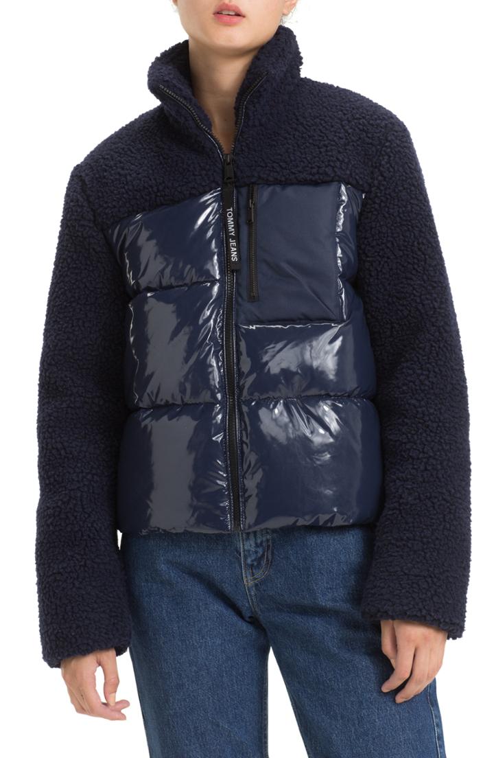 Women's Tommy Jeans Fleece Contrast Puffer Jacket - Blue
