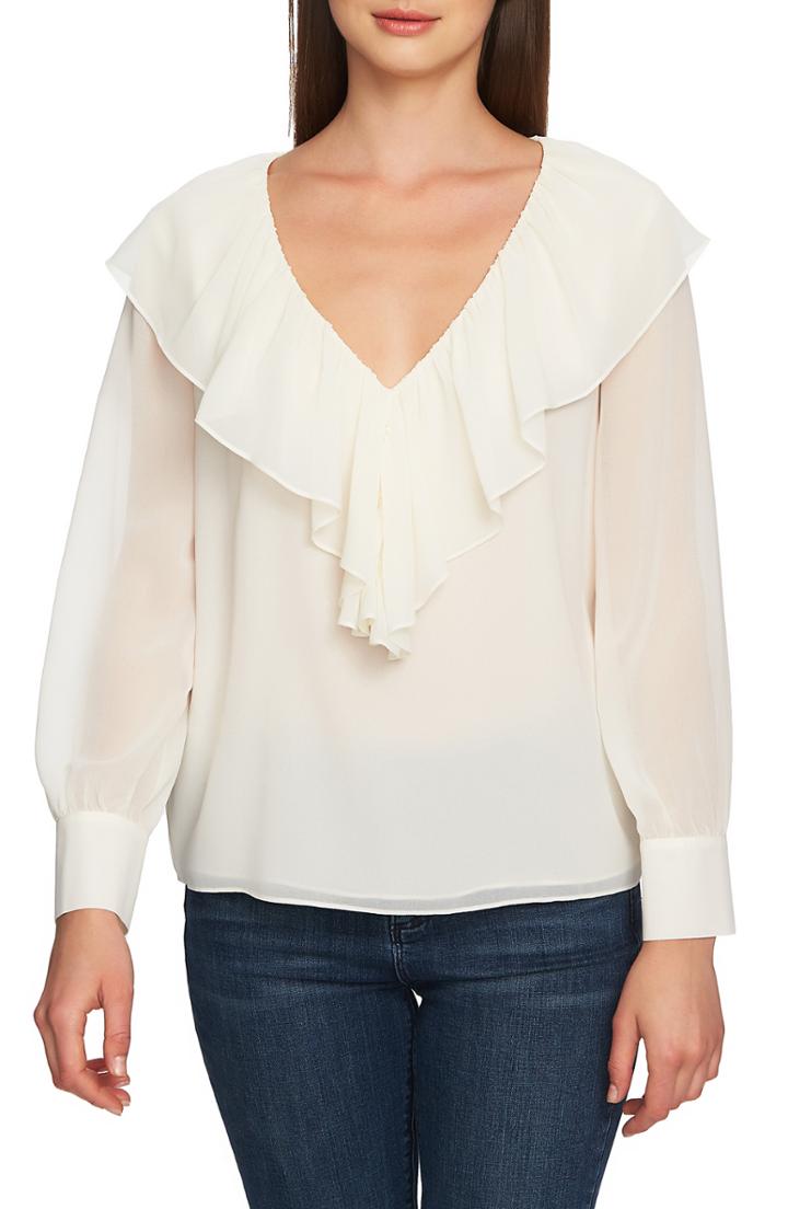 Women's 1.state V-neck Ruffle Edge Chiffon Blouse - White