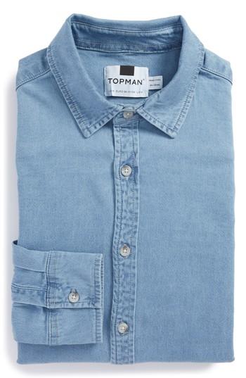 Men's Topman Muscle Fit Bleach Denim Shirt - Blue