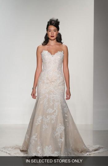 Women's Matthew Christopher 'daniella' Strapless Lace Trumpet Gown, Size - White