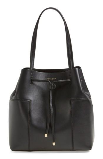 Tory Burch 'block-t' Leather Drawstring Tote - Black