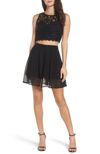 Women's Sequin Hearts Sequin Lace Two-piece Romper - Black
