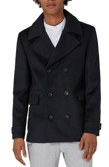 Men's Topman Peacoat, Size - Blue