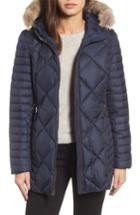 Women's Andrew Marc Hooded Coat With Genuine Coyote Fur Trim - Blue