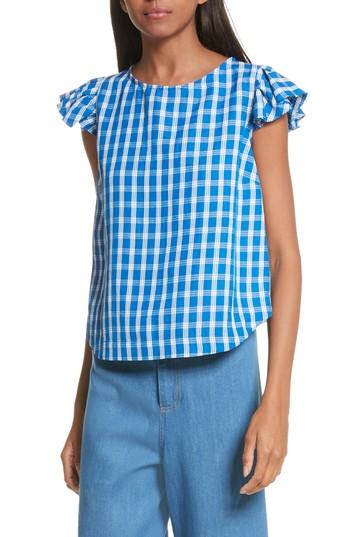 Women's Sea Plaid Lace-up Back Top - Blue