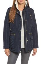 Petite Women's Michael Michael Kors Water Resistant Quilted Anorak With Faux Shearling Trim P - Blue