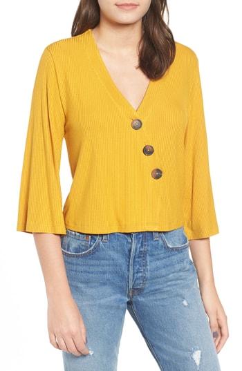 Women's Good Luck Gem Button Front Crop Tee - Yellow