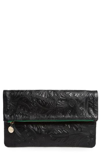 Clare V. Flower Embossed Foldover Leather Clutch - Black