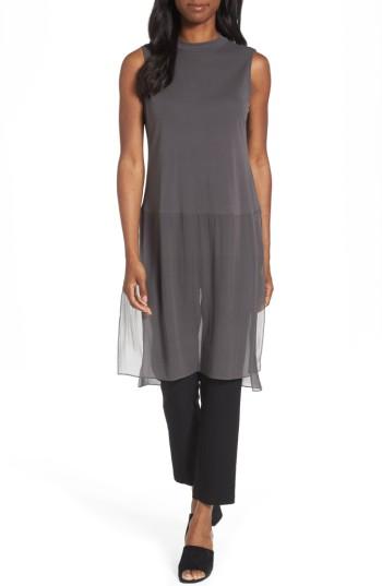 Petite Women's Eileen Fisher Silk Jersey & Chiffon Tunic, Size P - Brown