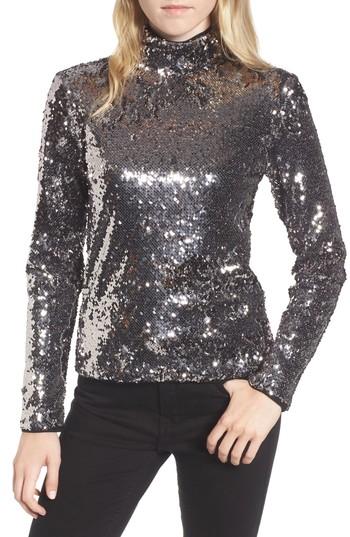 Women's Trouve Sequin Mock Neck Top, Size - Metallic