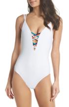 Women's Red Carter Strappy Plunging One-piece Swimsuit - White