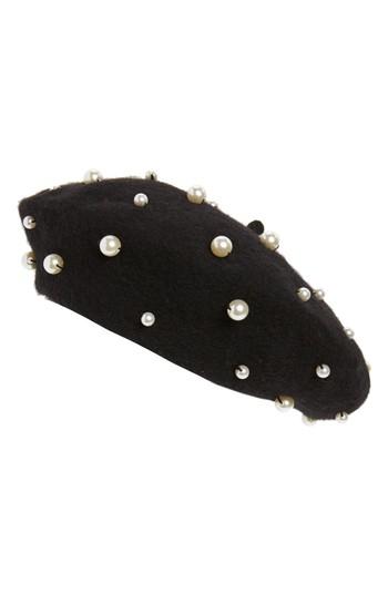 Women's Topshop Imitation Pearl Wool Blend Beret - Black