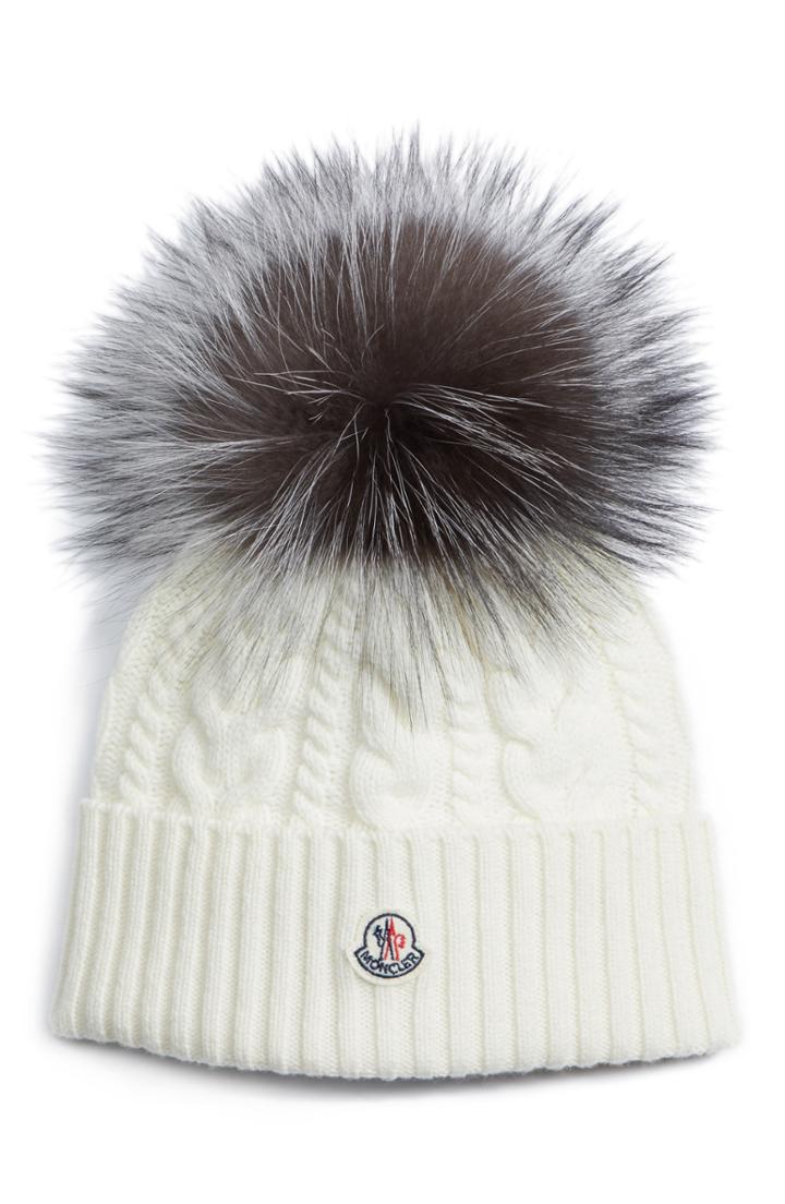 Women's Moncler Cable Knit Beanie With Genuine Fox Fur Pom - White