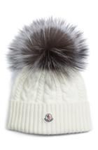 Women's Moncler Cable Knit Beanie With Genuine Fox Fur Pom - White