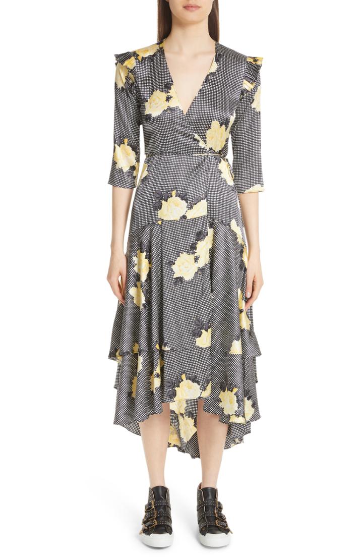 Women's Ganni Calla Floral Silk Wrap Dress Us / 36 Eu - Black