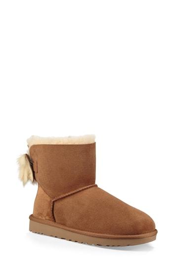Women's Ugg Mini Fluff Bow Genuine Shearling Boot M - Brown
