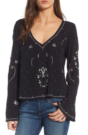 Women's Hinge Embroidered Bell Sleeve Top, Size - Black