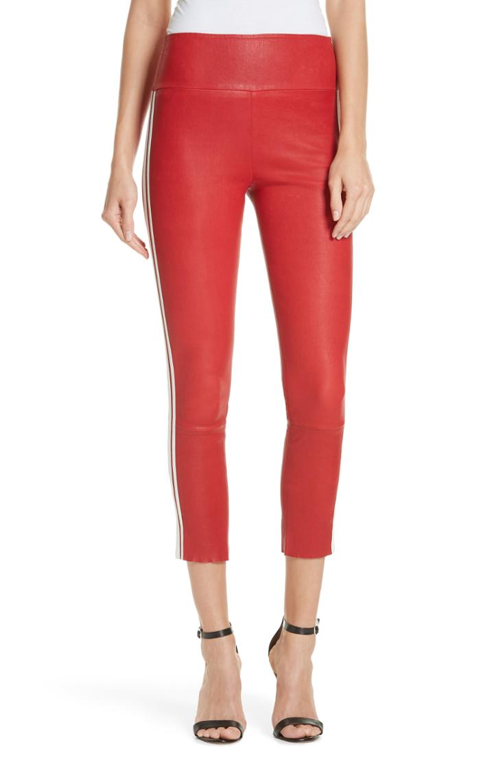 Women's Sprwmn Two-stripe Athletic Leather Capri Leggings - Red