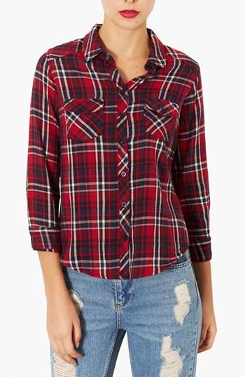 Topshop 'jack' Plaid Shirt (petite) Red