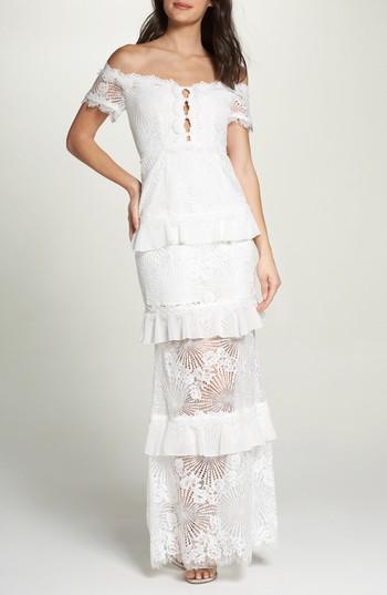 Women's Foxiedox Off The Shoulder Ruffle Tier Mermaid Gown - Ivory