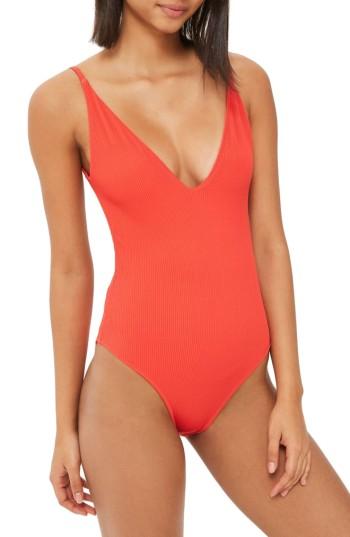 Women's Topshop Plunge One-piece Swimsuit Us (fits Like 6-8) - Red