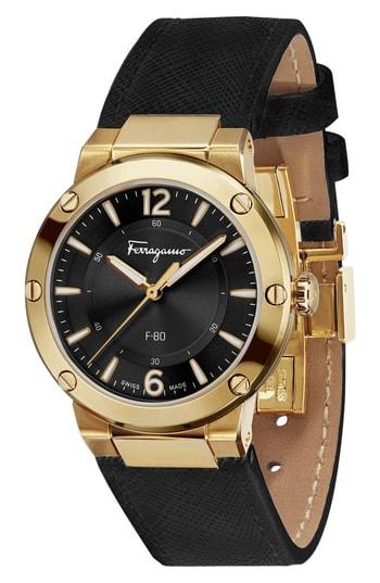 Women's Salvatore Ferragamo F-80 Saffiano Leather Strap Watch, 34mm