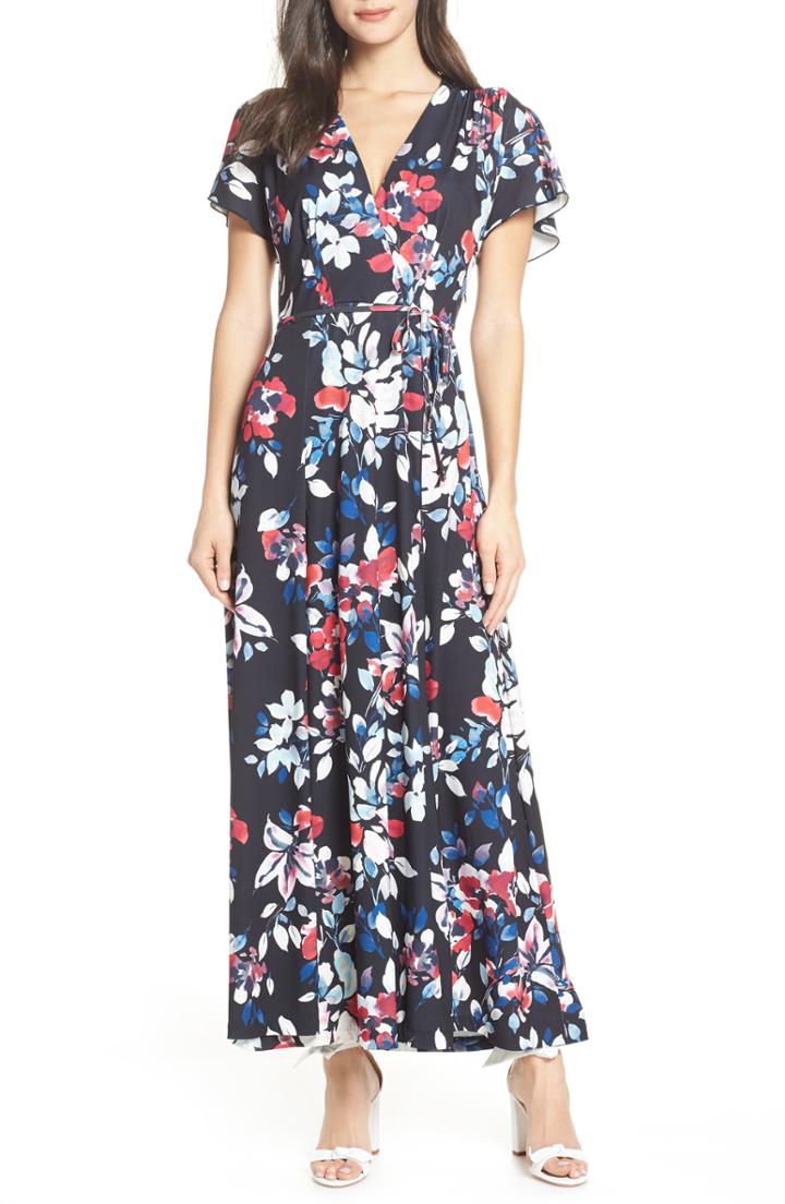 Women's French Connection Linosa Floral Print Faux Wrap Maxi Dress - Blue