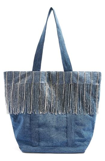 Topshop Jessie Fringe Denim Shopper - Blue