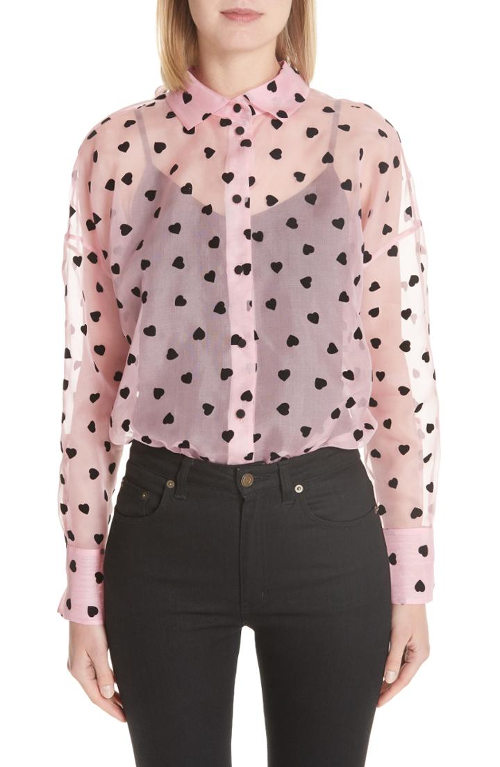 Women's Valentino Flocked Heart Sheer Silk Blouse Us / 42 It - Pink