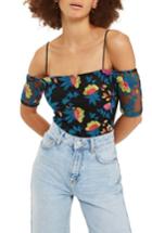 Women's Topshop Floral Embroidered Off The Shoulder Bodysuit Us (fits Like 0) - Black