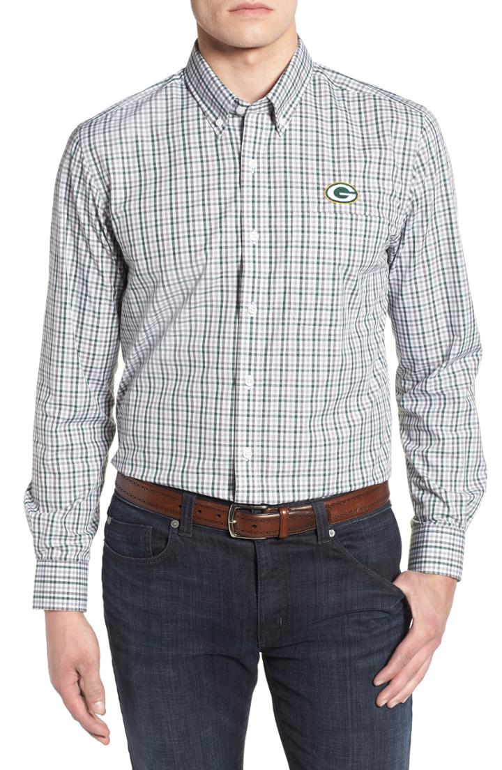 Men's Cutter & Buck Green Bay Packers - Gilman Regular Fit Plaid Sport Shirt, Size - Green