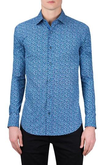 Men's Bugatchi Classic Fit Fish Bone Print Sport Shirt - Blue